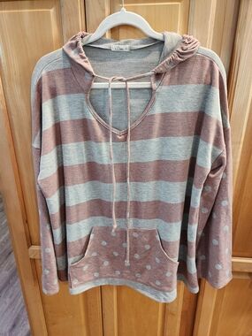 Luxe Striped Hoodie Sweatshirt - Dusty Rose & Light Gray